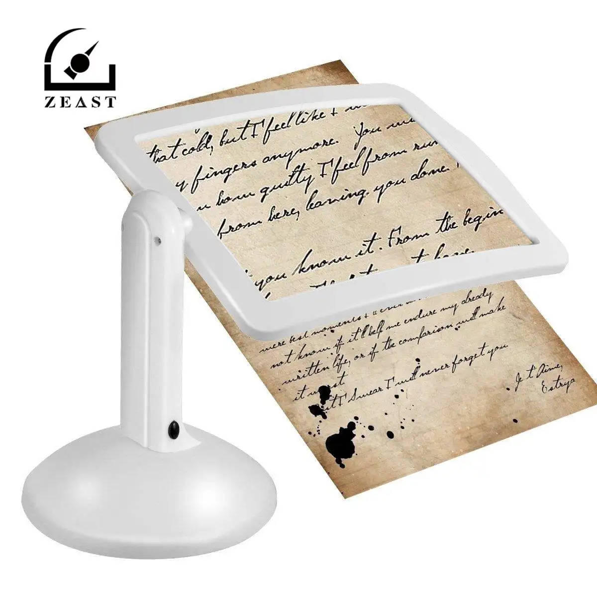 

White Desktop Magnifier Plastic Magnifying Glass Standing Style With 2 LED Light