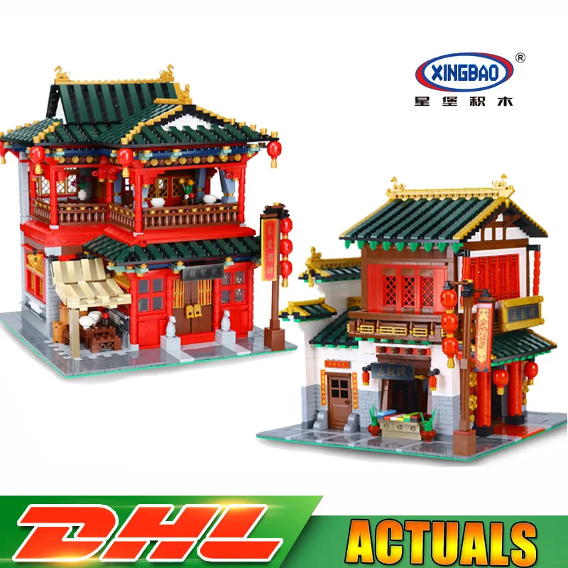 2018 XingBao 01001 китайский шелк и Атлас магазин + 01002 Красивая таверна модель строительные блоки кирпичи игрушки для детей Подарки