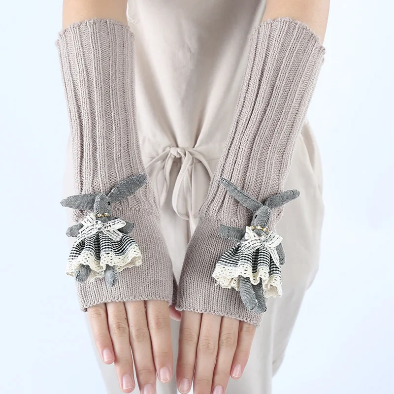 Женские перчатки с кроличьими ушками, теплая зимняя Весенняя вязаная рукавица без пальцев