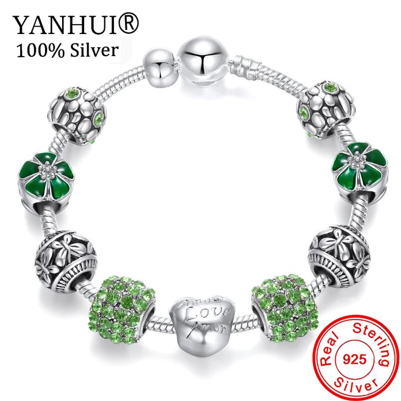 

YANHUI Original 925 Solid Silver Charms Bracelets For Women DIY Crystal Flower Beads Bangles Bracelets Pulseira Jewelry GR052