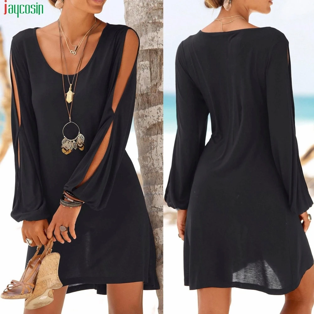 

JAYCOSIN dress Fashion Women Casual O-Neck Hollow Out Sleeve Straight Dress Solid Beach Style Mini dress women 2019 plus size