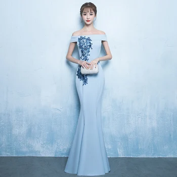 

High Quality Women Off Shoulder Mermaid Dress Light Blue Flower Slim Cheongsam Fashion Banquet Prom Gowns Beauty Korea Dresses