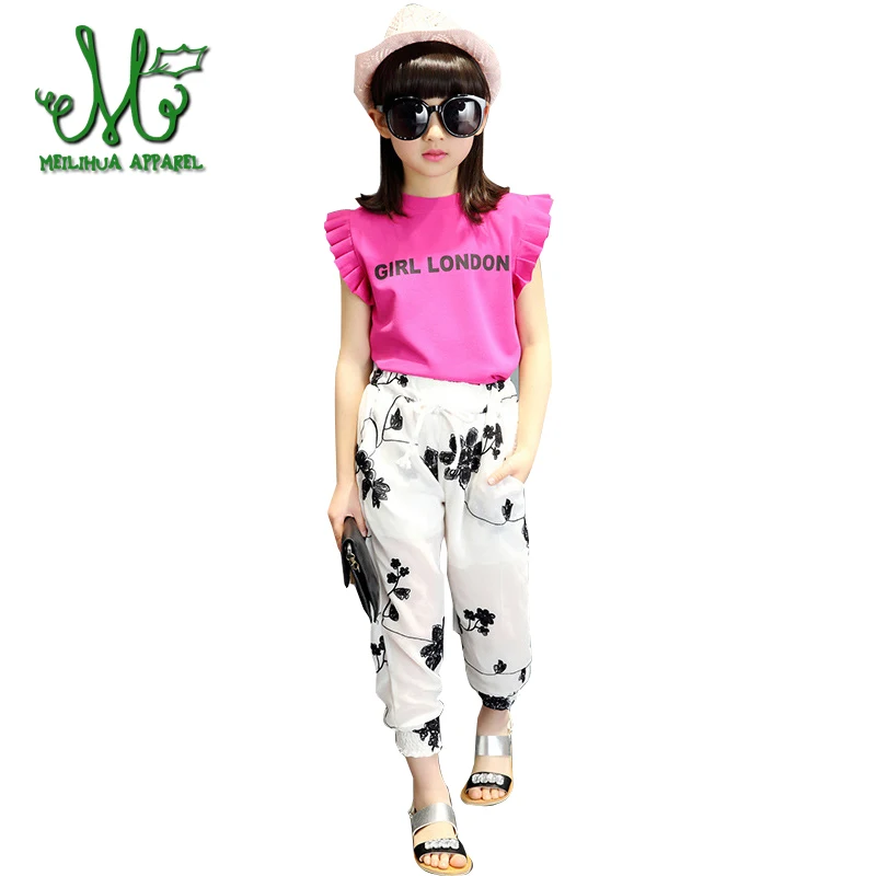 

Girls clothes set chiffon floral blouse + print pants spring autumn 2018 top fashion teen fashion clothes for 6 8 10 12 14 years