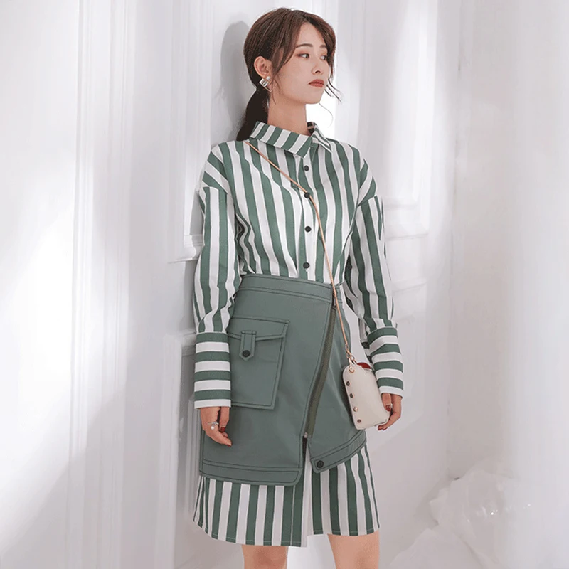 TWOTWINSTYLE Women's Sets Long Sleeve Striped Shirt Dress High Waist Mini Skirt Korean Fashion Two Piece Set Autumn New