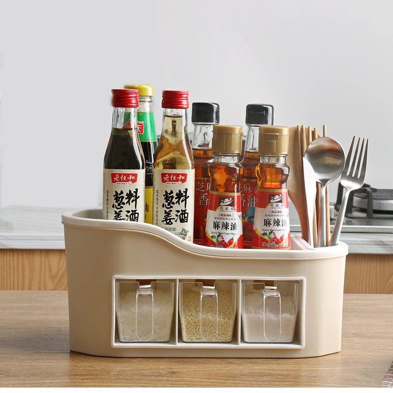 

Multi-function Kitchen Accessories Seasoning Box Rack Set Salt Tank Spoon Fork Storage Rack Plastic Container Chopstick Case