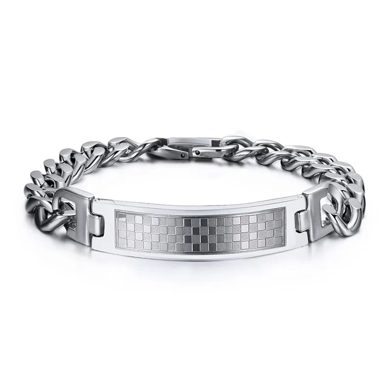 

Men's Stainless Steel & Grid Rectangular Tag Link Chain Bracelet Silver Tone Male Jewelry Pulseira Braslet Bracciale 8.5 inch