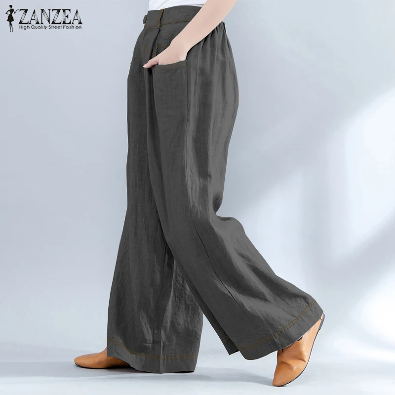 Женские брюки, широкие брюки, ZANZEA, женские повседневные длинные брюки, женские рабочие брюки с высокой талией, уличная одежда, одноцветные брюки