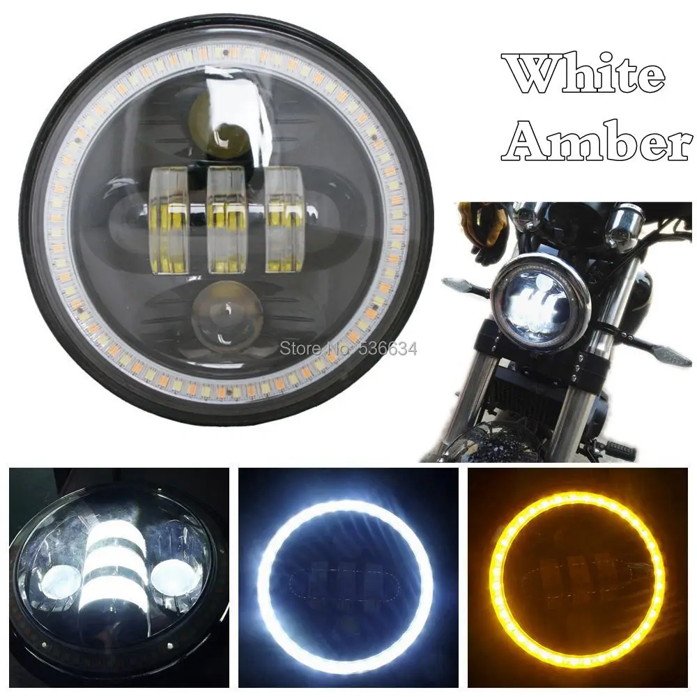 

1Pc 5.75" Projector Headlamp White-Amber Angel Eyes H4 LED Headlight Hi/Low Beam for Motorcycle CVO Electra Glide