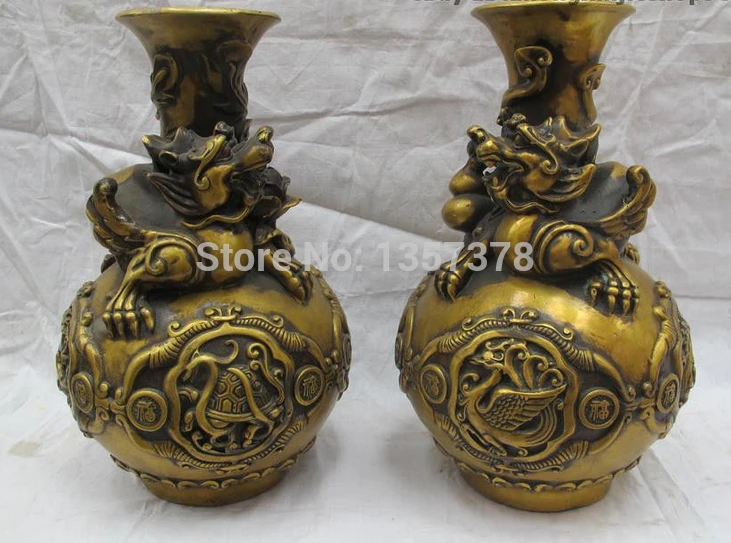 

shitou 00360 12"Chinese Copper Bronze Kylin dragon white tiger Four big beast Pot Vase Pair discount 30% (C0324)