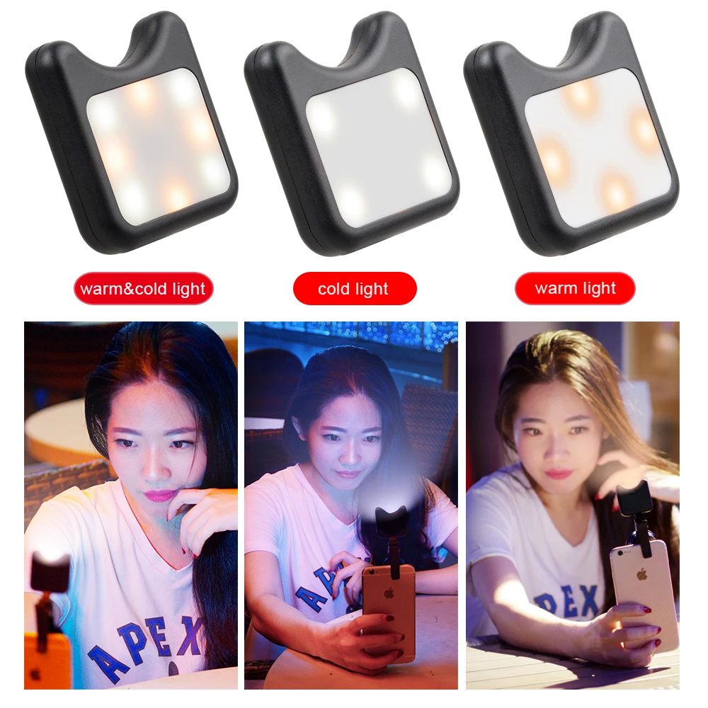 Apexel Universal LED Selfie Flash Light Clip-on Portable Rechargeable 9 Levels Flash Led Light for iPhone Samsung Huawei Tablet