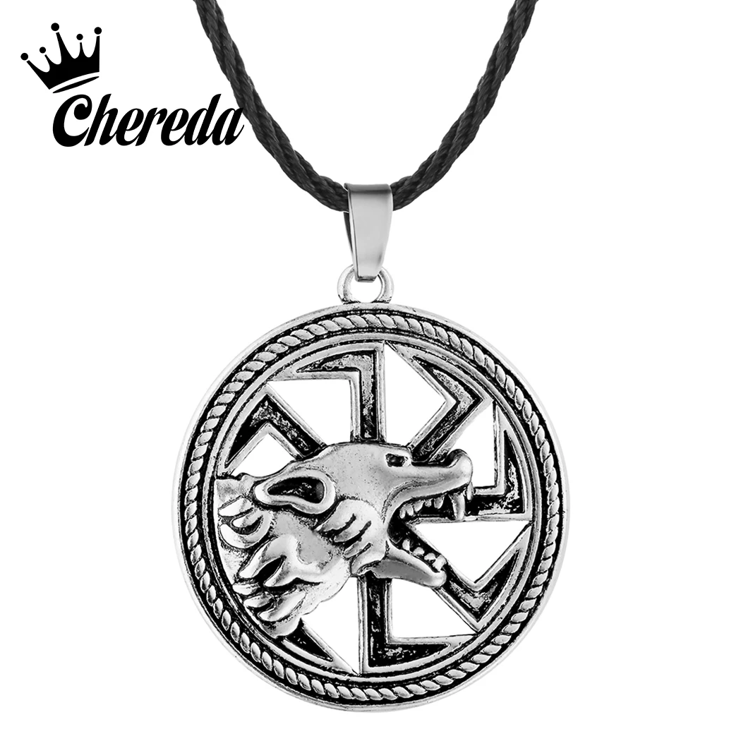 

Chereda Slavic Amulet Wolf Necklaces Kolovrat Charm Vintage Male Hollow Animal Punk Pendants Amulets Men's Valknut Rope Choker