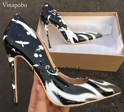 Vinapobo/женские вечерние свадебные туфли с цветным цветочным принтом; пикантные классические туфли-лодочки с острым носком на высоком каблуке-шпильке 10/8 см - Цвет: 12cm