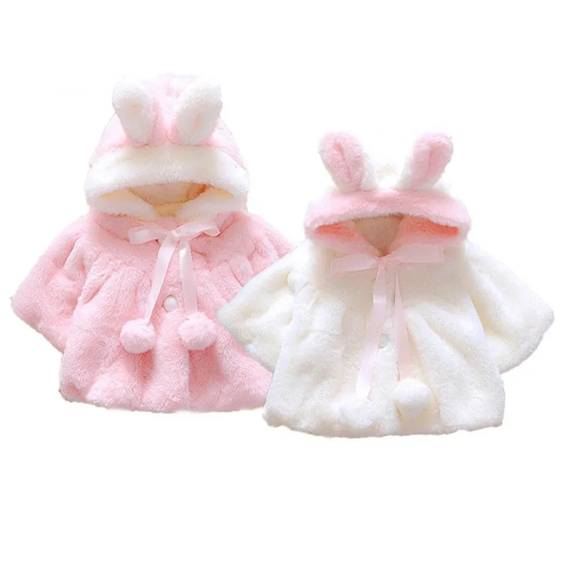 

2019 Spring Autumn Baby Girl Warm Fleece 3D Rabbit Ear Fur Coats Snowsuits Jackets Snowsuits Outerwear Cloak Clothes 0-2Y