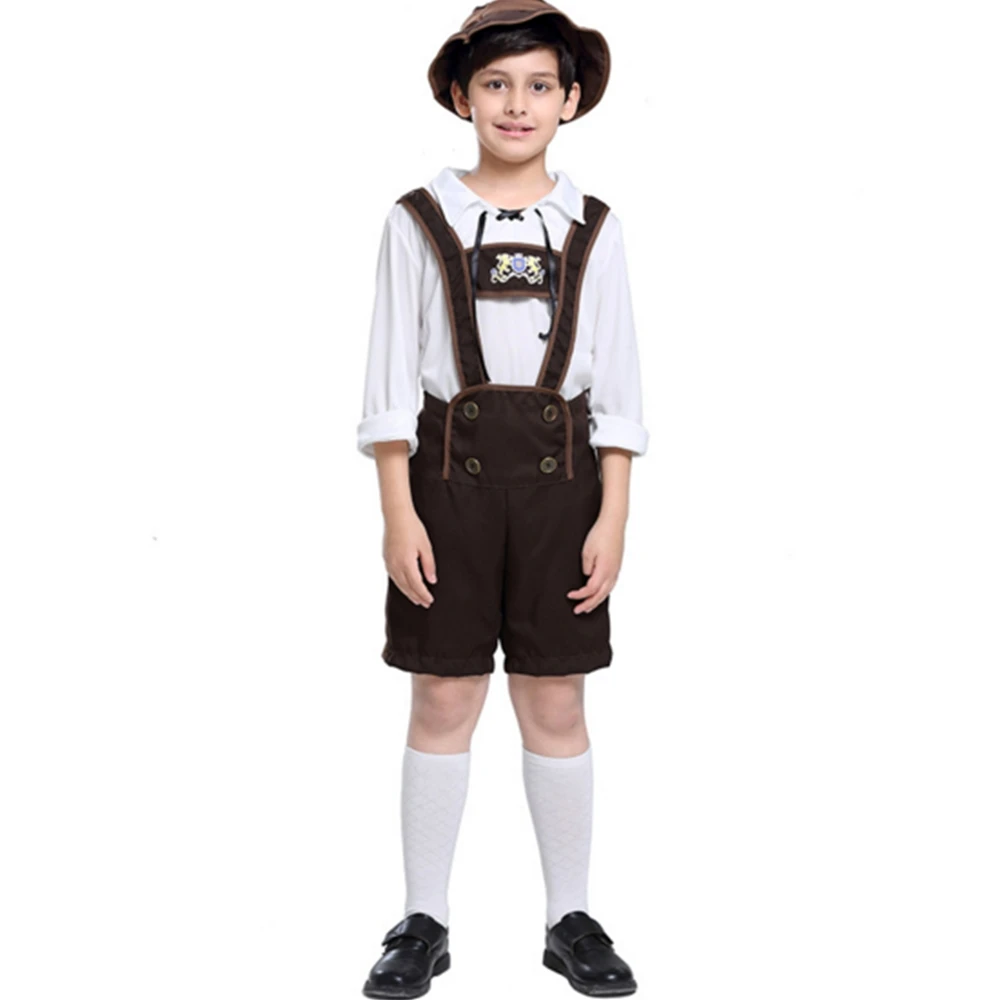 

FINDPITAYA Children's Oktoberfest Boy Performance Costume Halloween Alpine Folk Drama Stage Cosplay Set:Tops + suspenders + hats