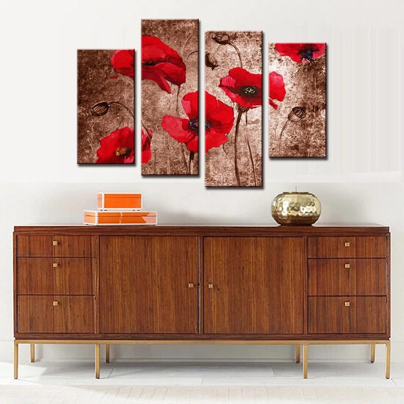 4 Pcs/Set Red Flower Painting Print on Canvas Abstract Red Poppies
