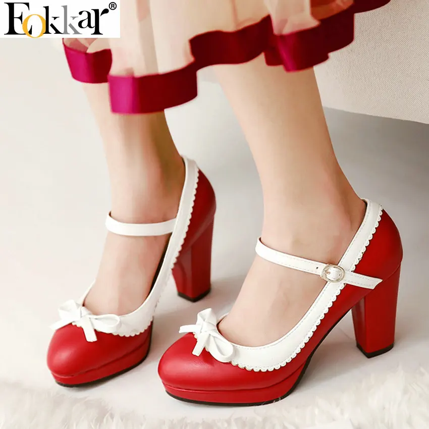 Eokkar 2019 Women Mary Jane Block High Heel Pumps Wingtip