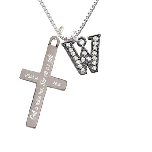 Crystal Black Initial - W - Beaded Border - - She will not Fall - Cross Necklace (1)