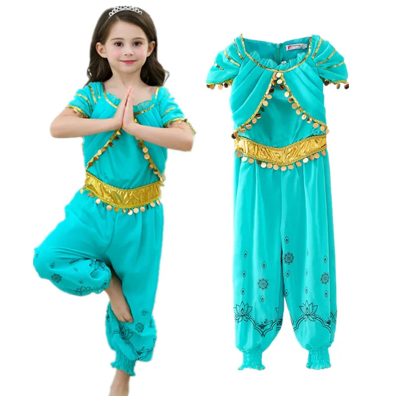 

Indian Princess Dress up Costume for Girls Summer short sleeve Aladdin Jasmine Cosplay Dresses Kids Halloween Fantasy
