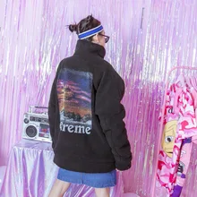 Jasmine Street ретро буквы сзади Харадзюку трещины свободные BF женский хлопок утолщенный ягненка пальто