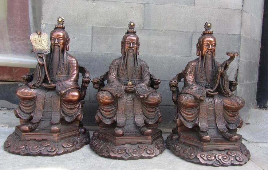 

Free Shipping China Red Bronze High Lord Laojun Taoist Buddha 3 God Set Dragon Ruyi Fan Statue