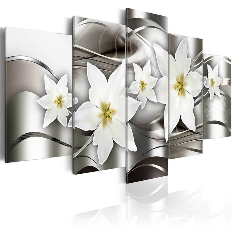 

5 Pieces White Pink Orchids Blossom Posters Canvas Painting Pastel Flower Wall Art Pictures for Living Room Bedroom Decor