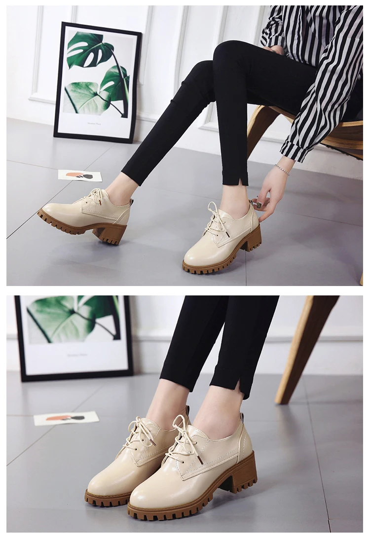 New Fashion Autumn Casual Shoes Woman Oxfords Pu Leather Lace Up Women Shoes Female Plus Size High Heels Platform Ladies Shoes