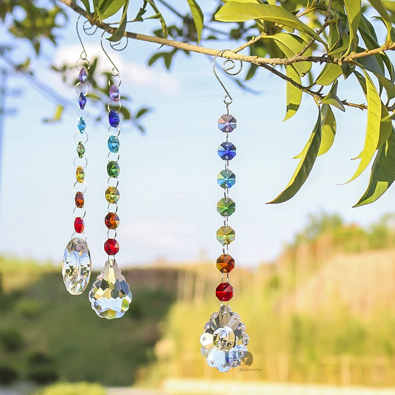 H&D Set Of 3,Crystal Oval Prism Rainbow Maker Chakra Hanging Suncatcher Window Sun Cacther with Ocatgon Beads for Xmas Gift H&D Set Of 3,Crystal Oval Prism Rainbow Maker Chakra Hanging Suncatcher Window Sun Cacther with Ocatgon Beads for Xmas Gift