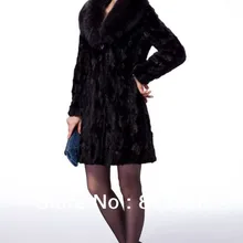 Новые черные из натуральной норки Одежда Для женщин с лисой меховой воротник зима элегантный норки длинное пальто Большие размеры оптом и в розницу