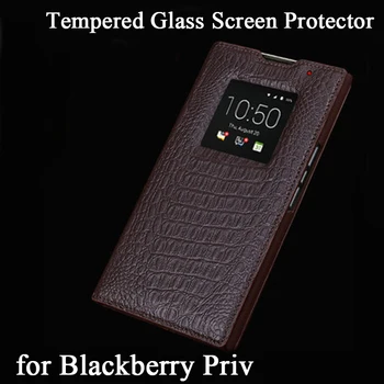 

For Blackberry Priv Case Luxury Genuine Leather Case Window View Flip Phone Shell Bag with Tempered Glass Screen Protector