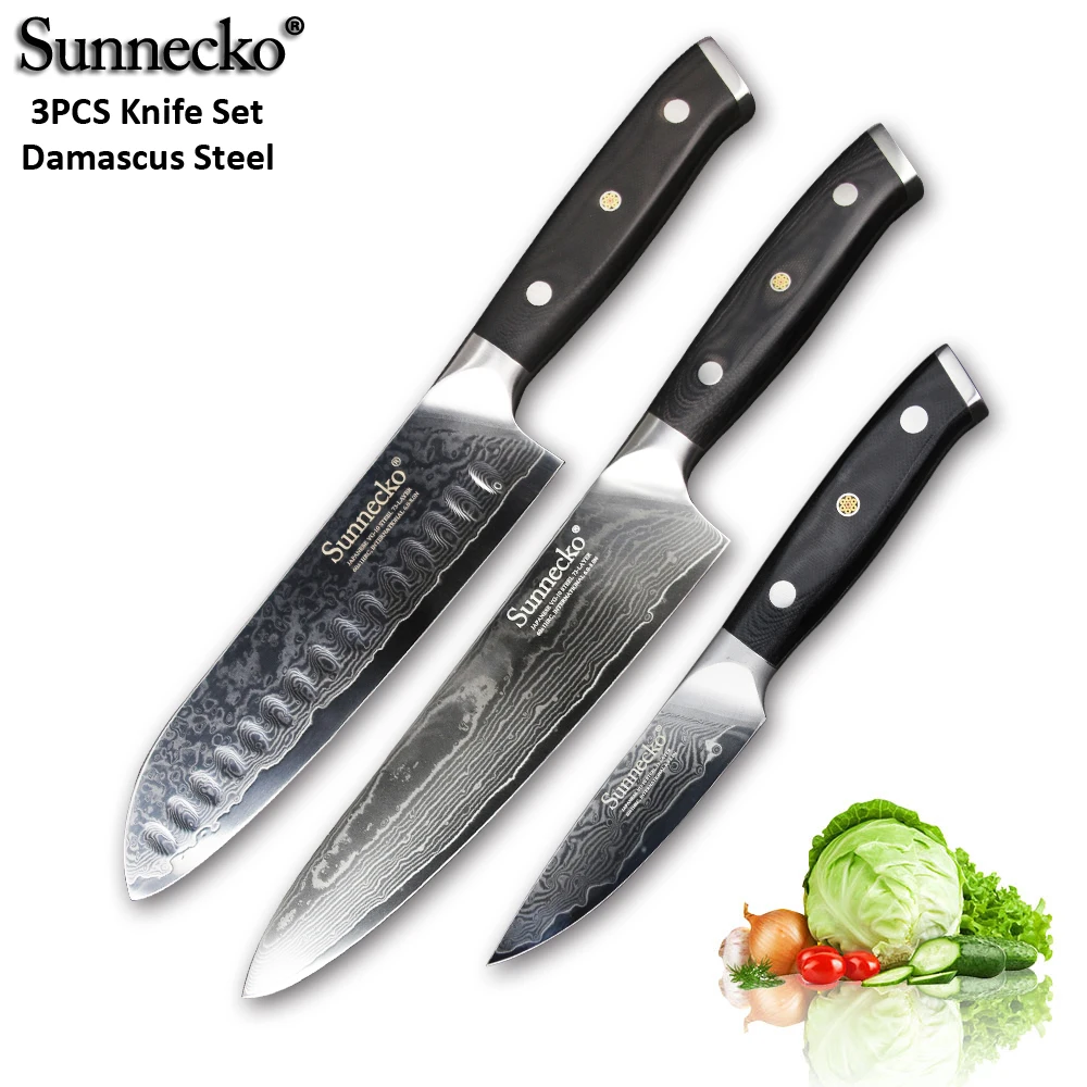 SUNNECKO 2 шт. нож из дамасской стали комплект Santoku универсальный нож для очистки овощей японский VG10 Core Шлифовальный G10 ручка шеф-повара нарезки лосося повара ножи