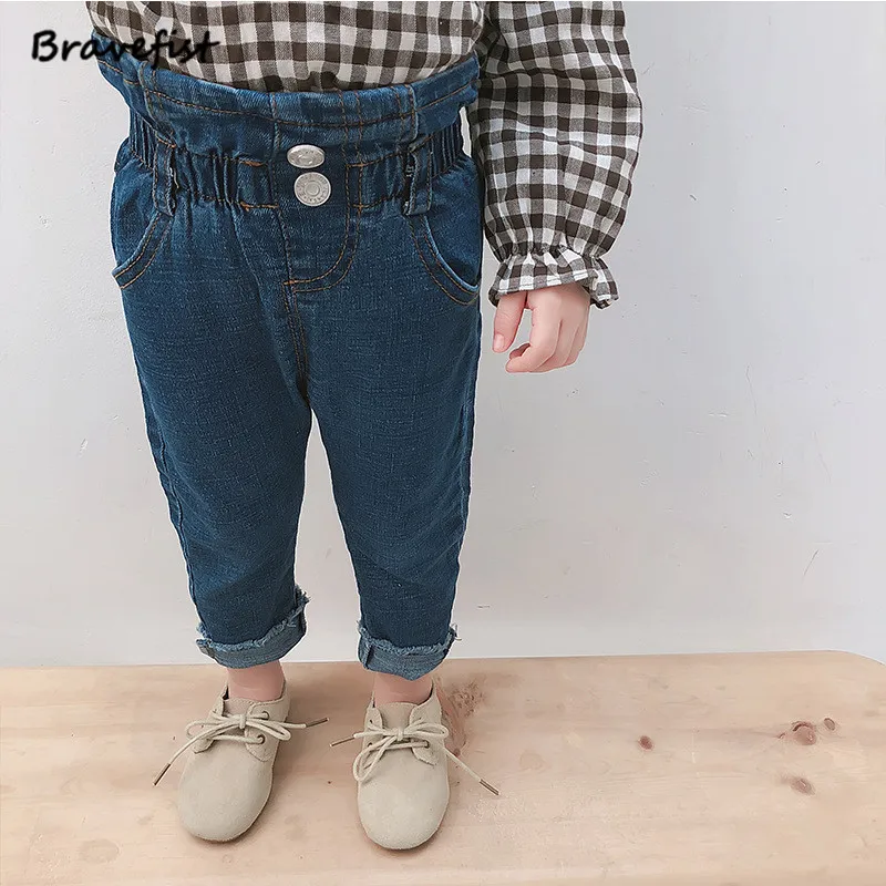 

High Waist Baby Girls Jeans Pants Spring Autumn Children Clothes Infant Trousers Two Buttons Decorate Kids Pant Leggings Outwear