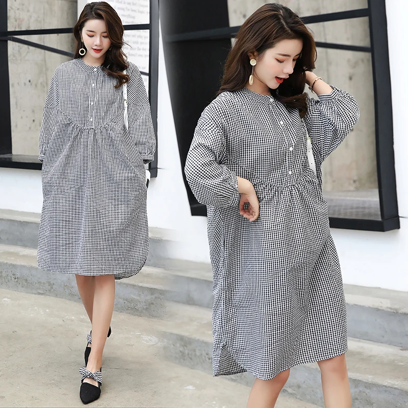 

6632# Loose Plaid Cotton Matenity Blouses Dress 2019 Spring Casual Clothes for Pregnant Women Large Size Pregnancy Clothing
