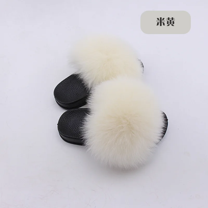 Wholesale Real Fox Slippers Kids Rainbow Neon Color Toldder Fur Child Home Slides Girls Raccoon Super Fluffy Cute Flat Summer - Цвет: see as pic