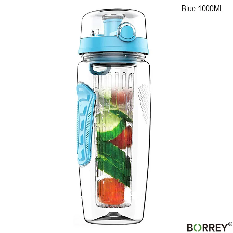 BORREY 1000 мл Тритан бутылки воды Фрукты настаивая Infuser лимонный сок бутылка для воды Портативный Спортивная бутылка для воды Пластик Bpa бесплатно - Цвет: Blue