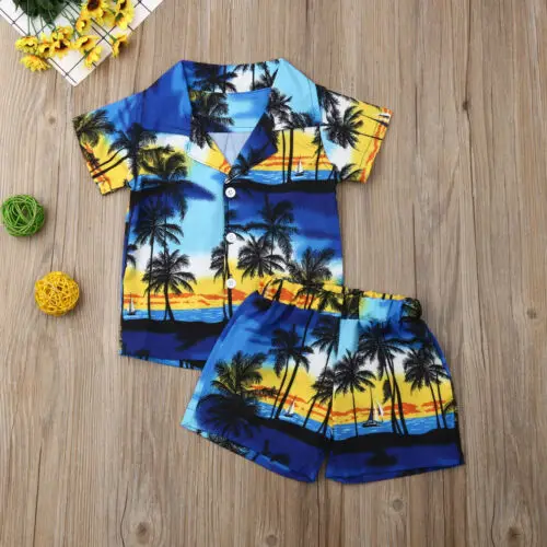 Одежда для маленьких мальчиков; комплект из 2 предметов для маленьких мальчиков; гавайская рубашка и шорты; комплект со штанами; Повседневная пляжная одежда