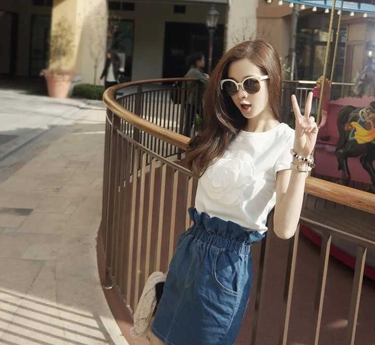 women summer 3d camellia embroidery luxury  T-shirt ladies fashion tops slim casual tee shirts vetement femal