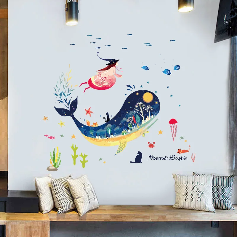 Cartoon Abstract Whale Wall Stickers Kids room Bathroom Nursery Witch Decals Removable Art Murals PVC Wallpaper Home Decor | Дом и сад