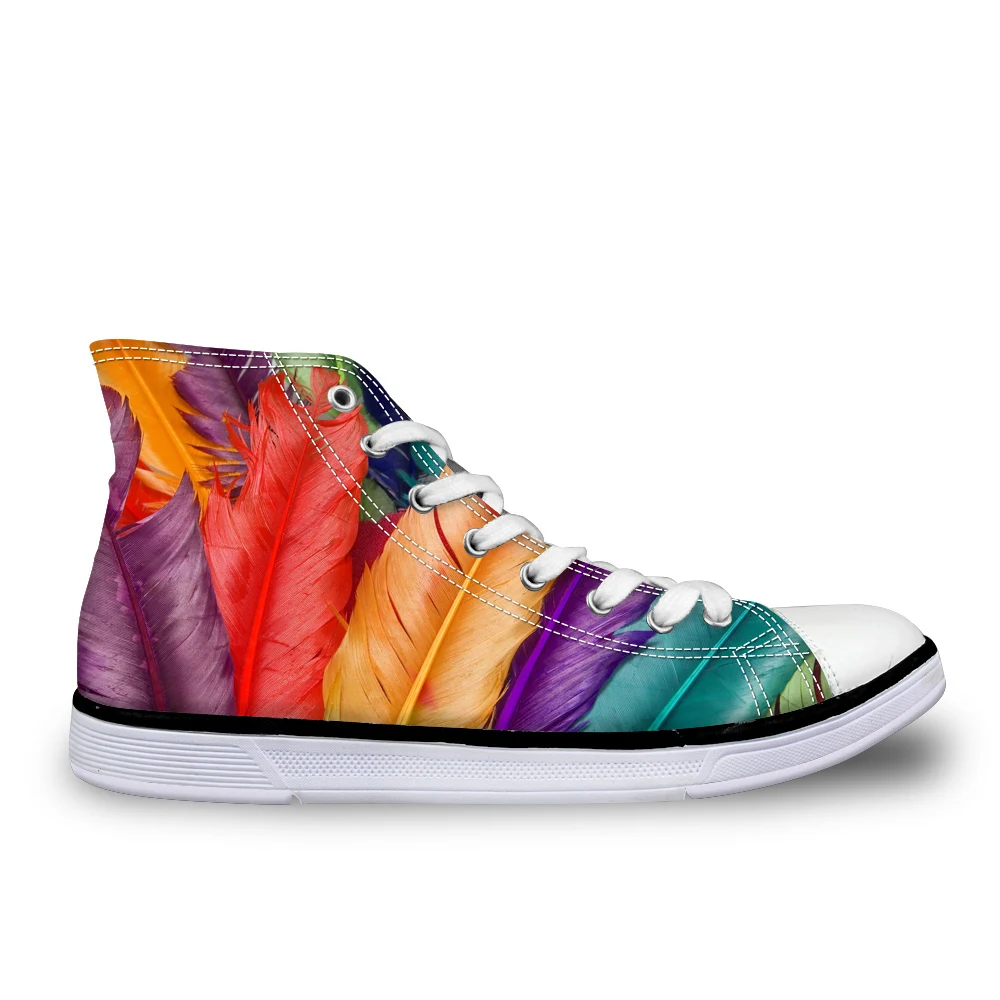 

Customized Classic High Top Women Vulcanize Shoes Colorful Feather Pattern Female Leisure Canvas Shoes for Women Zapatos Mujer