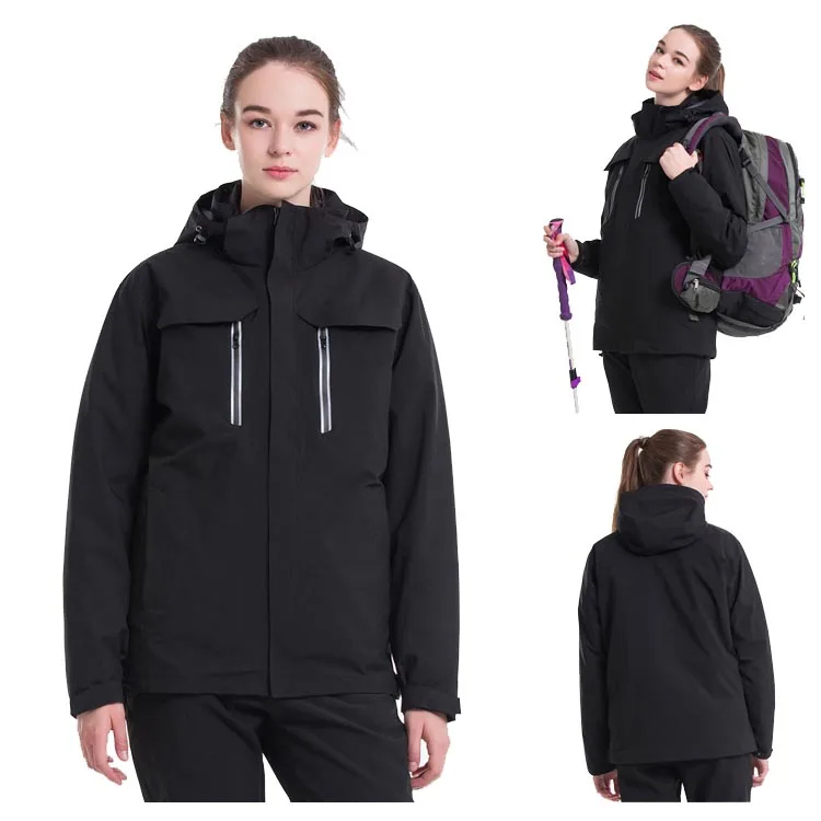 Зимний флисовый пуховик для женщин 3 в 1, ветровка из двух частей, открытый рюкзак для путешествия, походные туристические куртки - Цвет: Черный