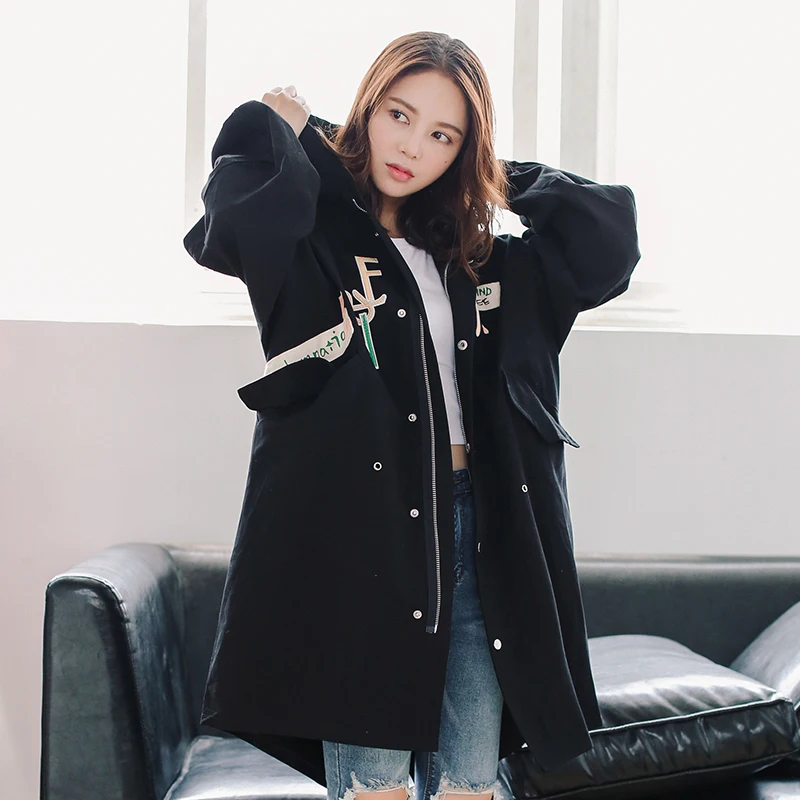 

2018 Real Burderry Couture Spring Autumn Coat Loose Hooded Windbreaker British Student Bf Letter Patch Work Drawstring Trench