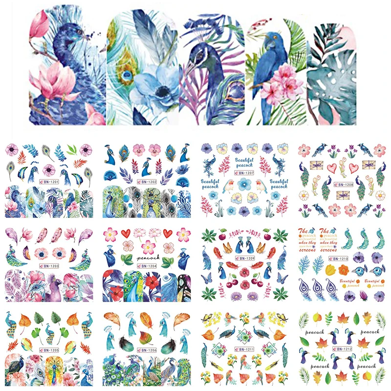 

12 Designs Nail Sticker Peacock Flower Feather Stencil Tips Water Decal DIY Wraps Colorful Nail Art Decor Beauty BN1201-1212