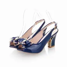 2017 Summer new Japanned leather open toe sexy high heel sandals thick heels open toe plus size women’s shoes size 34-43