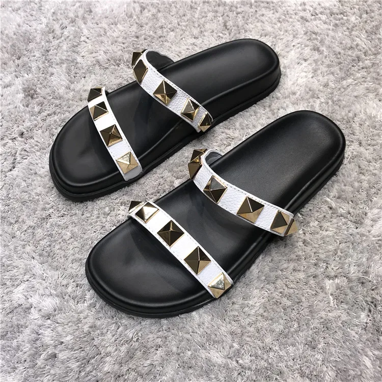 

Rivets Chaussures Femme Luxury Shoes Women Designer Flats Slippers Women Outdoor Slides Leather Ladies Shoes Zapatos De Mujer