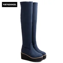 Stretchy Faux Suede Sobre O Joelho Botas de Plataforma das mulheres Slim Fit Elegante Senhora Sapatos Botas Feminina Rodada Toe Deslizamento Em calçado