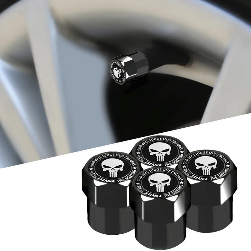 ~ PUNISHER VALVE CAPS SET of 4 *New /& Unique* Tire Metal Valve Nuts Tyre Cap