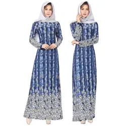 2019 Для женщин длинные печати мусульманское платье Винтаж Высокая Талия Дубай Кафтан Abayan платья с длинным рукавом красные, синие платье