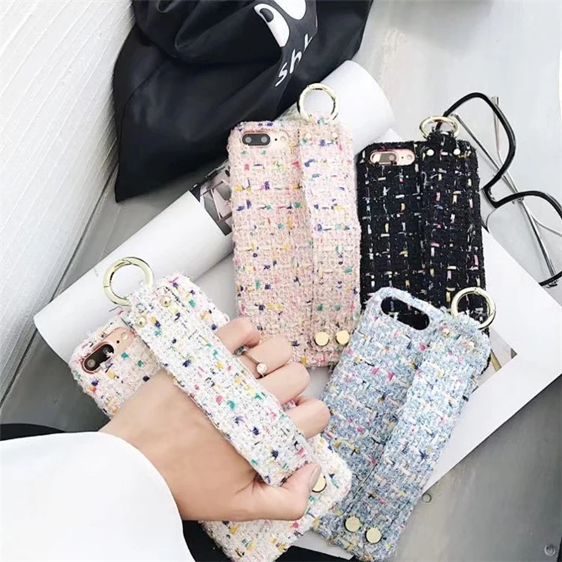

BINYEAE Woman Luxury Rivet Studded GRIP Strap Stand Phone Case For iPhone X Case Fabric Cover For iPhone 6S 7 8 Plus X XR XS Max