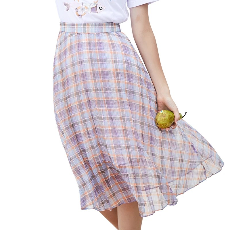 

skirts womens Summer new brand women's elastic band plaid print skirt lady wild chiffon skirt