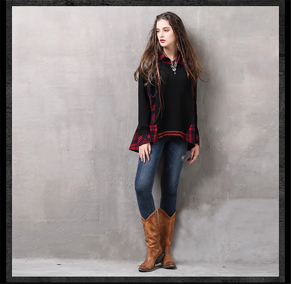 Vintage Patchwork Fake 2 Piece Women Blouse Knitted Plaid Long Sleeve Turn-down Collar Shirt Blouse For women Winter Top  (11)