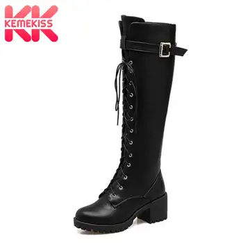 

KemeKiss Women Knee High Boots Cross Strap Fashion Buckle Knight Shoes Women Platform Square Heels Punk Footwear Size 34-43